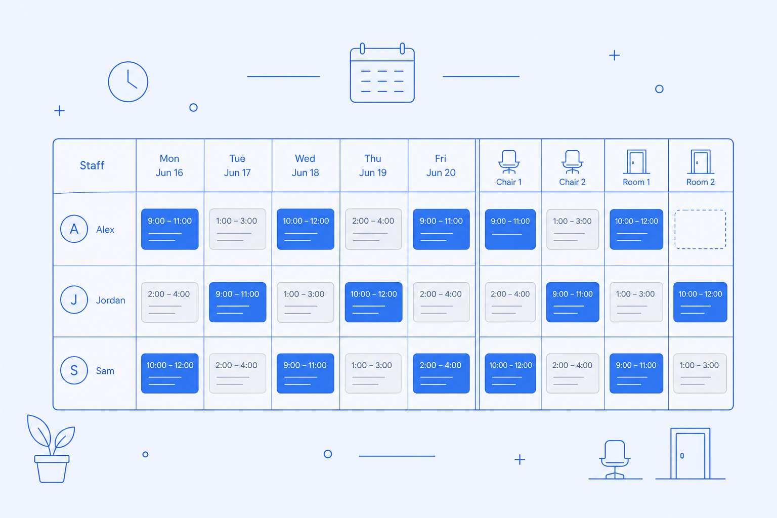 Staff and resource scheduling — No more whiteboards or Google sheets.